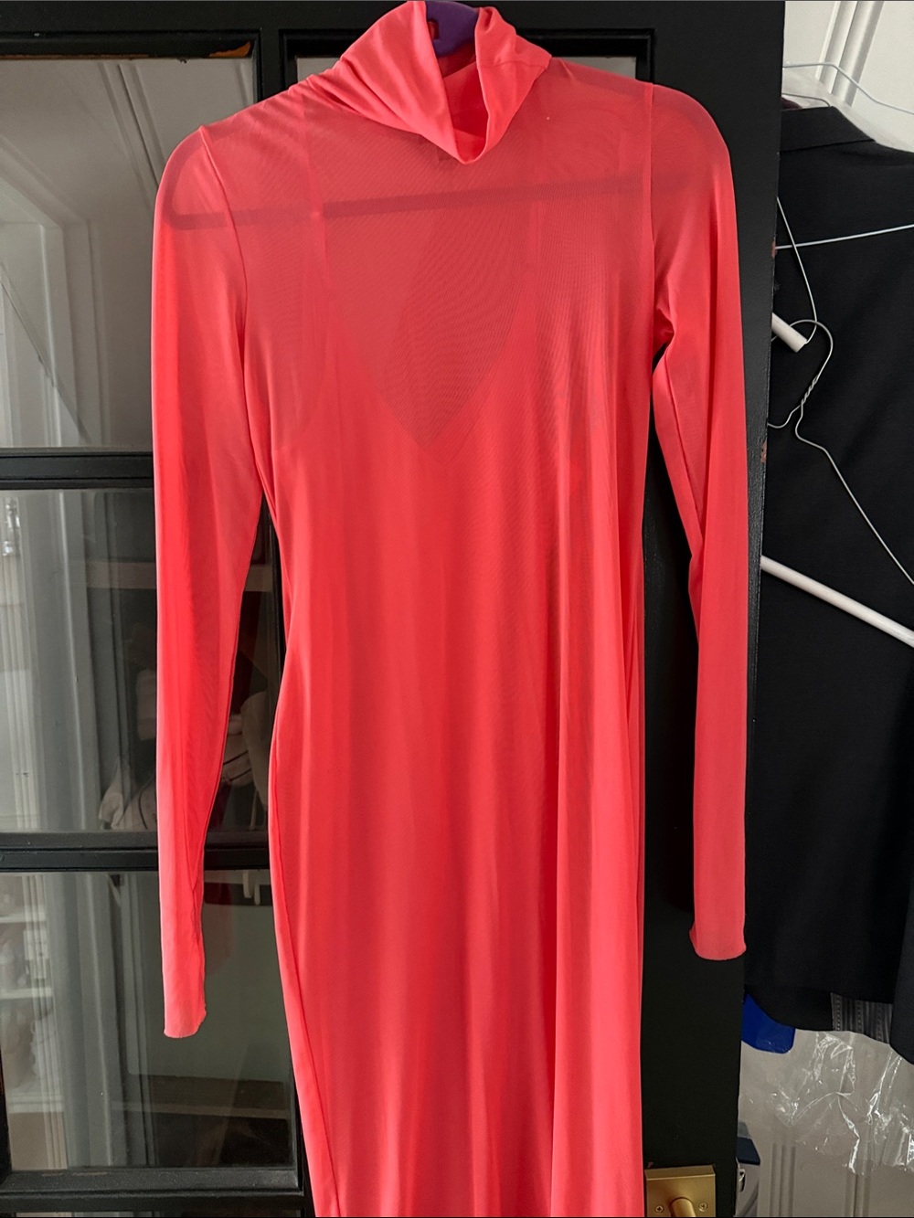 AFRM Coral Long Sleeve Mesh Bodycon Dress with built in slip